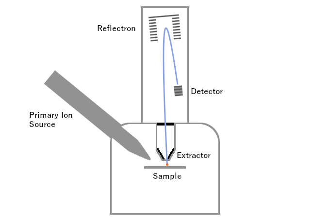 Basic structure of TOF-SIMS: column of primary ion beam, sample, extractor, reflectron, detector