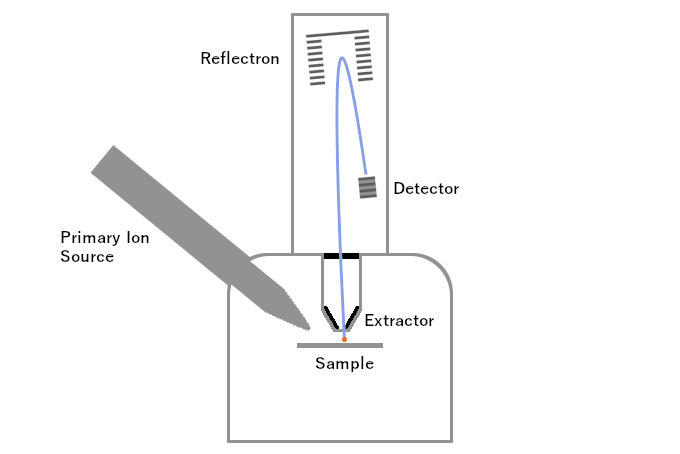 Podstawowa budowa TOF-SIMS: kolumna wiązki jonów pierwotnych, próbka, ekstraktor, reflektron, detektor